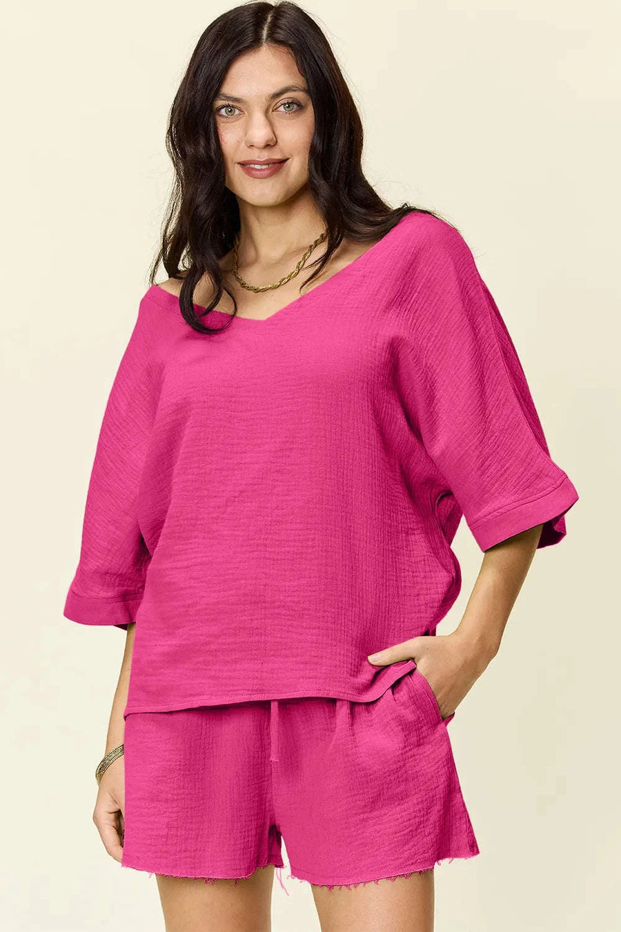 Double Take – Ensemble T-Shirt Texturé Manches Mi-Longues et Short à Cordon