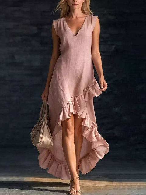 Full Size V-Neck Ruffle Hem High-Low Dress Plus Size - photo produit 1 - VELZAR