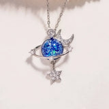 Starry Sky Inlaid Zircon Moon Star Necklace, silver, unique bijoux design for femme, features zircons and resin.