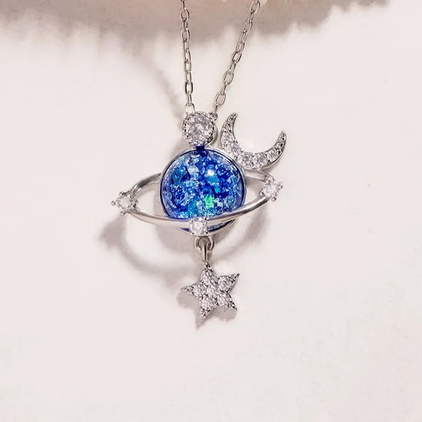 Starry Sky Inlaid Zircon Moon Star Necklace, silver, unique bijoux design for femme, features zircons and resin.