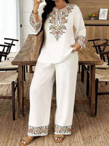 Full Size Embroidered Long Sleeve Top and Pants Set Plus Size - photo produit 1 - VELZAR