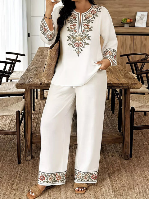 Full Size Embroidered Long Sleeve Top and Pants Set Plus Size - photo produit 1 - VELZAR