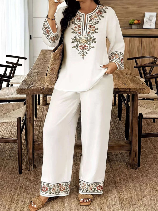 Full Size Embroidered Long Sleeve Top and Pants Set Plus Size - photo produit 1 - VELZAR