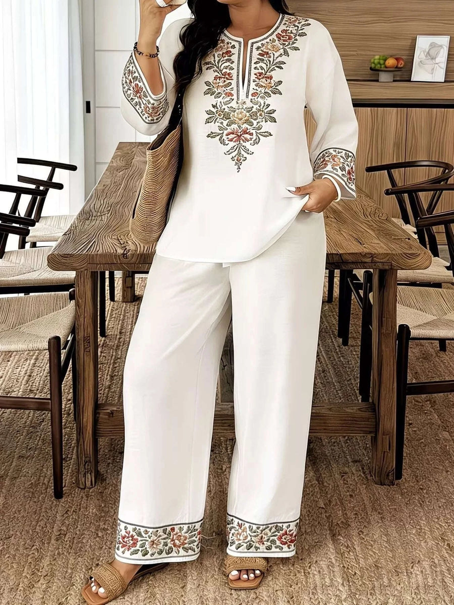 Ensemble Haut Brodé Manches Longues et Pantalon Grande Taille