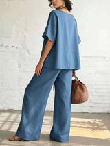 Full Size Surplice Half Sleeve Top and Wide-Leg Pants Set Plus Size - photo produit 4 - VELZAR