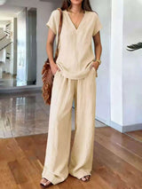 Full Size V-Neck Short Sleeve Top and Pants Set Plus Size - photo produit 3 - VELZAR