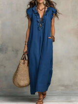 Robe Longue Col en V Volantée - photo produit 5 - VELZAR