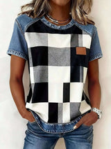 Blouse en Denim Patchwork Manches Courtes - photo produit 3 - VELZAR