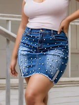 Plus Size Pearl Embellished Denim Skirt - photo produit 5 - VELZAR