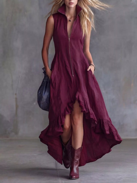 Full Size High-Low Ruffled Zip Front Dress Plus Size - photo produit 1 - VELZAR