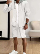 Men's Full Size Casual Hooded Button-Up Top and Shorts Set Plus Size - photo produit 3 - VELZAR