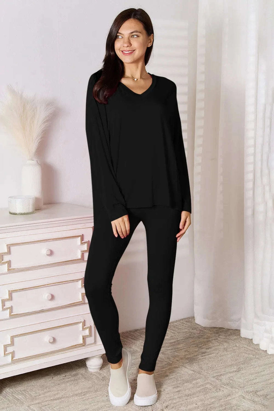 Basic Bae – Ensemble Loungewear Bambou Haut Col en V Manches Longues et Pantalon Grande Taille