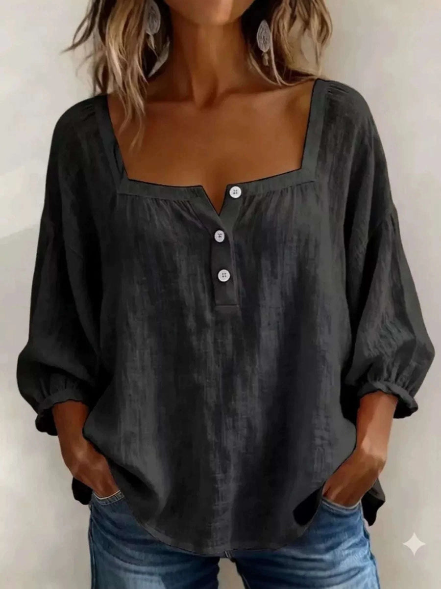 Blouse Col Carré Détail Boutonné Grande Taille