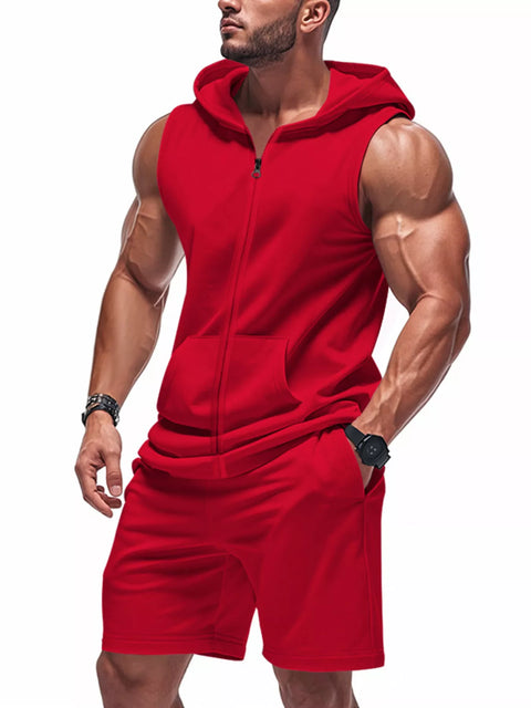 Men's Full Size Zip Up Sleeveless Hoodie & Shorts Set Plus Size - photo produit 1 - VELZAR