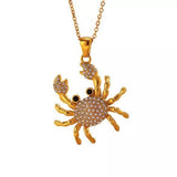 18K Gold-Plated Crab Pendant Necklace featuring sparkling rhinestones, perfect bijoux for femme fashion.