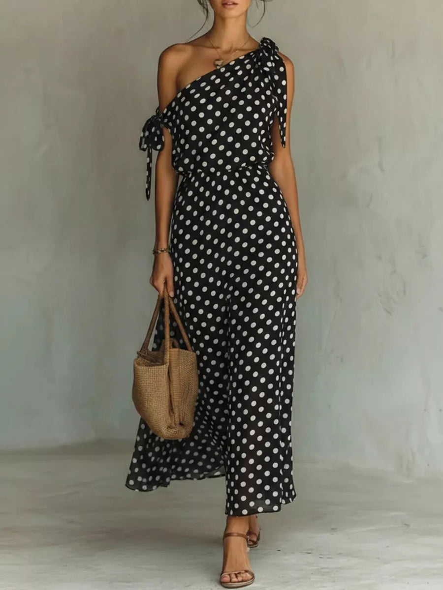 Robe Longue Une Épaule à Pois Détails Noués Grande Taille