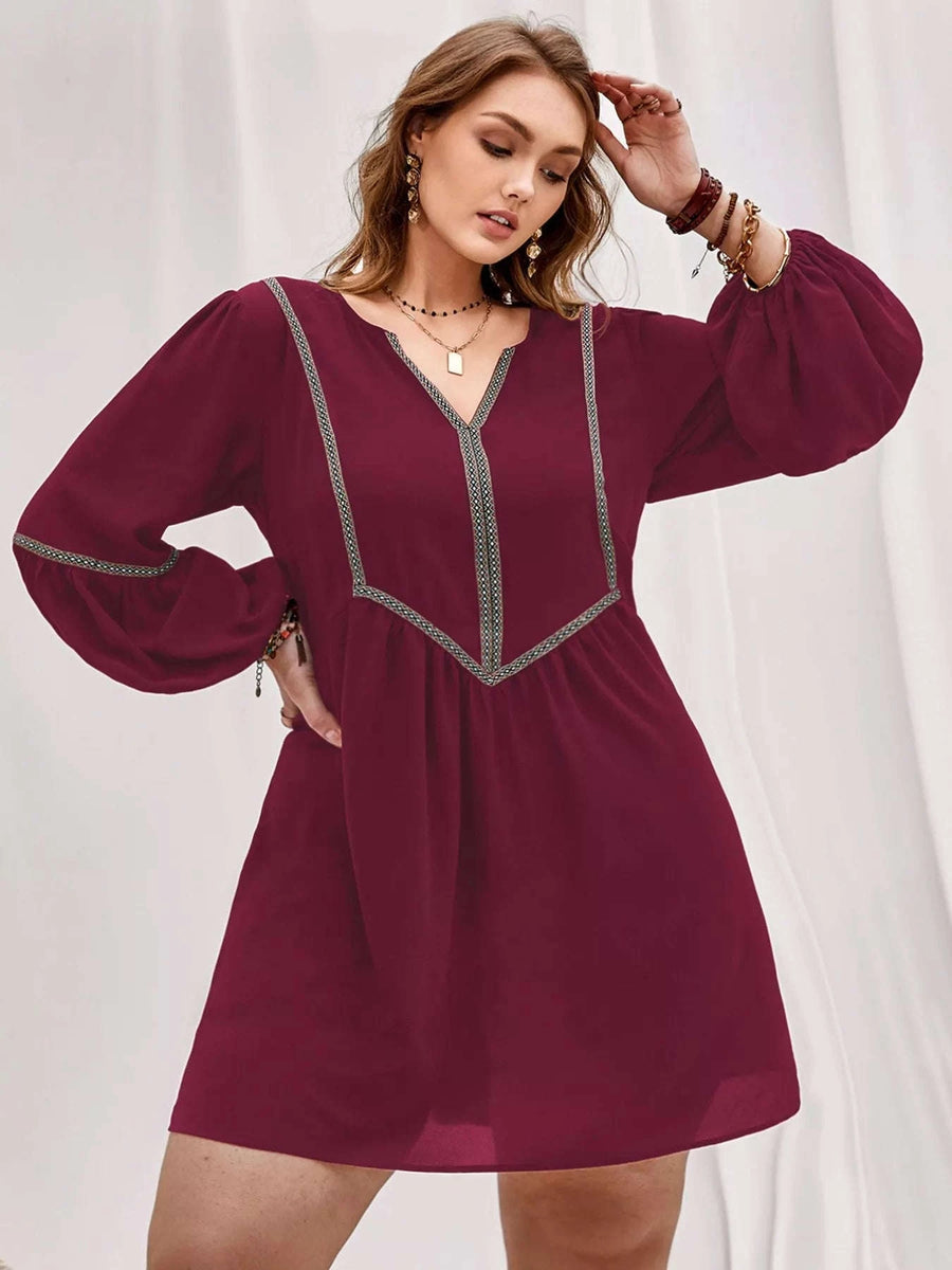 Robe Courte Manches Ballon Col Cranté Grande Taille
