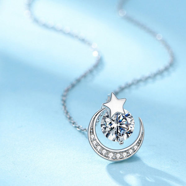 Star and Moon Pendant Necklace in 925 sterling silver with zircon, perfect for bijoux, femme jewelry lovers.