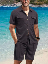 Men's Full Size Button Down Short Sleeve Top and Shorts Set Plus Size - photo produit 4 - VELZAR