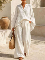 Full Size Notched Long Sleeve Top and Wide-Leg Pants Set Plus Size - photo produit 3 - VELZAR