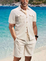 Men's Full Size Button Down Short Sleeve Top and Shorts Set Plus Size - photo produit 3 - VELZAR