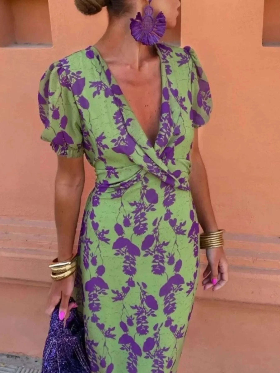 Robe Col en V Manches Bouffantes Imprimé Floral Grande Taille