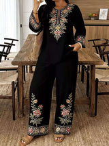 Full Size Embroidered Long Sleeve Top and Pants Set Plus Size - photo produit 5 - VELZAR