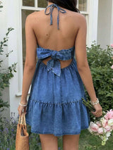 Robe Courte en Denim Col Halter - photo produit 5 - VELZAR