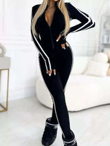 Full Size Stripe Zip-Front Long Sleeve Jumpsuit Plus Size - photo produit 1 - VELZAR