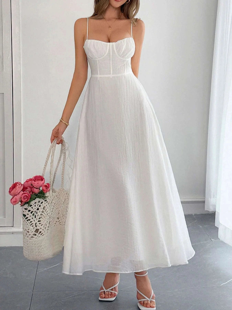 Robe à Fines Bretelles Texturée Col Cœur Dos Nu