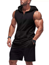 Men's Full Size Zip Up Sleeveless Hoodie & Shorts Set Plus Size - photo produit 3 - VELZAR