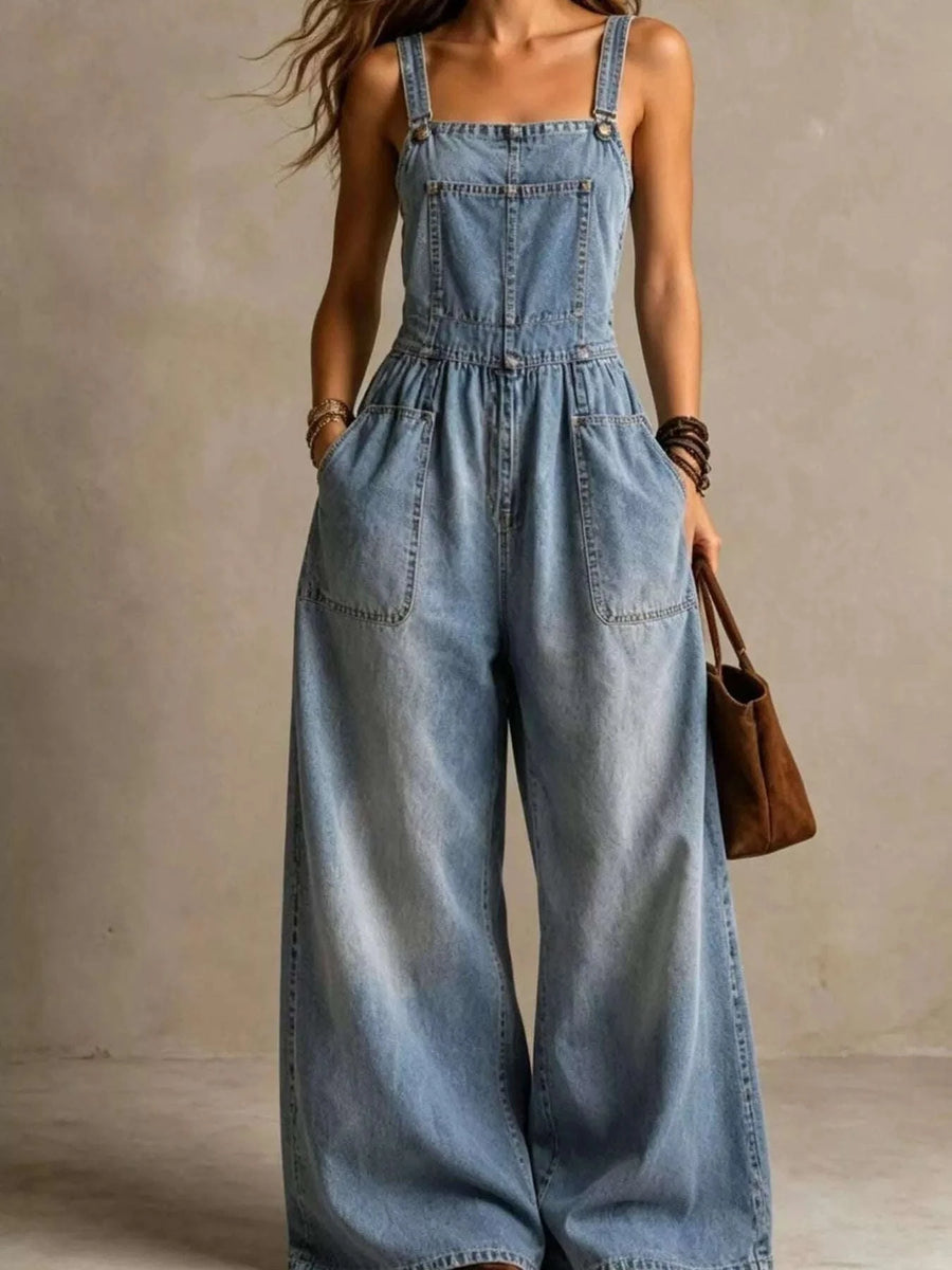 Combinaison en Denim Jambe Large Bretelles Ajustables et Poches Grande Taille
