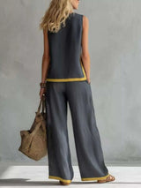 Ensemble Haut Sans Manches Rayures Contrastantes et Pantalon Jambe Large Grande Taille - photo produit 2 - VELZAR