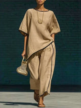 Contrast Trim Round Neck Top and Pants Set - photo produit 6 - VELZAR