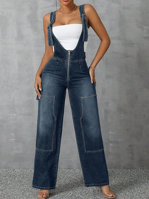 Zip Front Wide Strap Denim Overalls - photo produit 1 - VELZAR