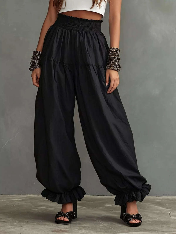 Full Size Smocked Ruffle Hem Wide Leg Pants Plus Size - photo produit 1 - VELZAR