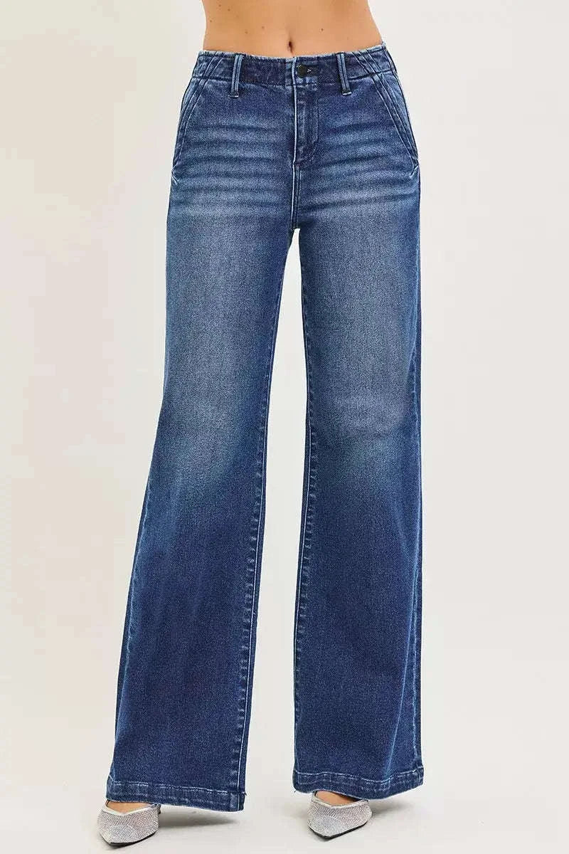 RISEN – Jean Taille Haute Jambe Large Poches en Biais